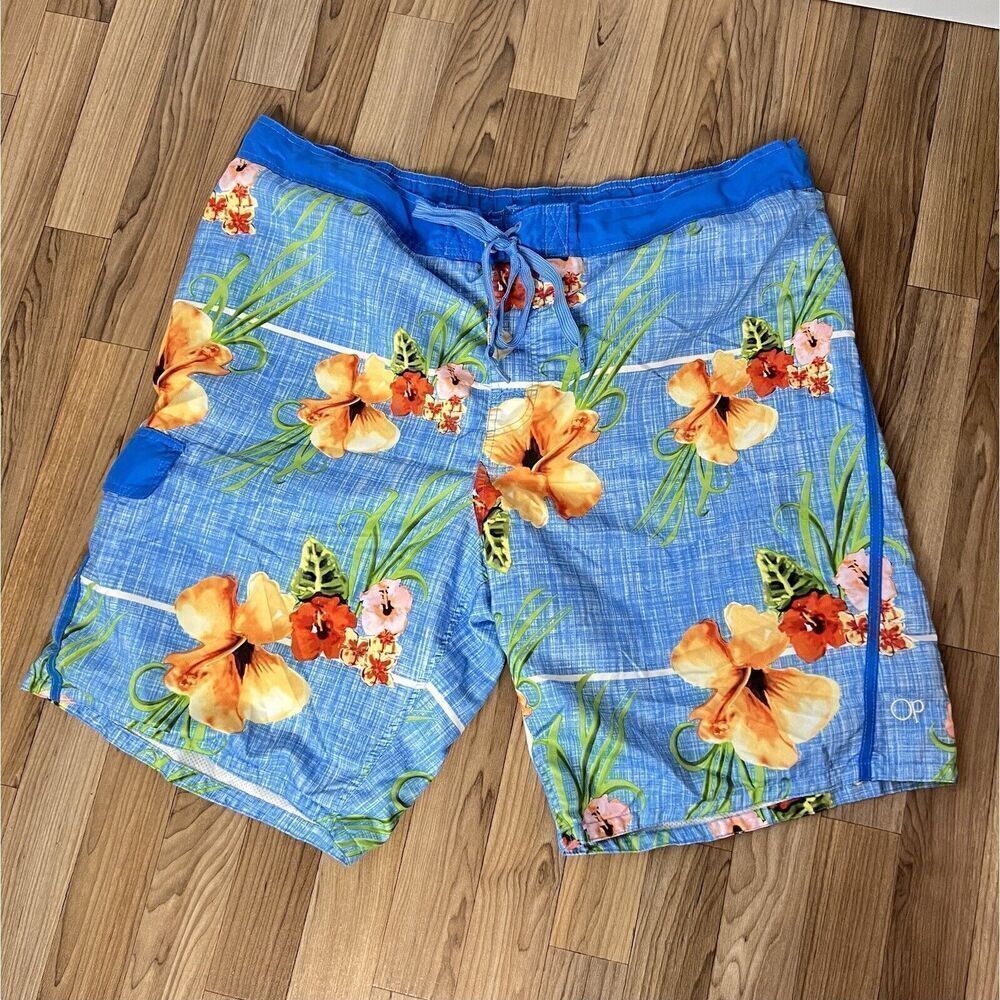 OP Sz 2XL Swim Trunks Board Shorts Mens Drawstring Blue Hawaiian Floral 0841